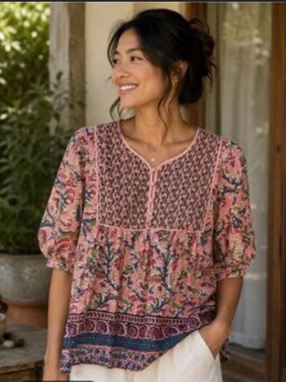 Farmers Market Women's Pink Floral Peasant Blouse with Button Yoke